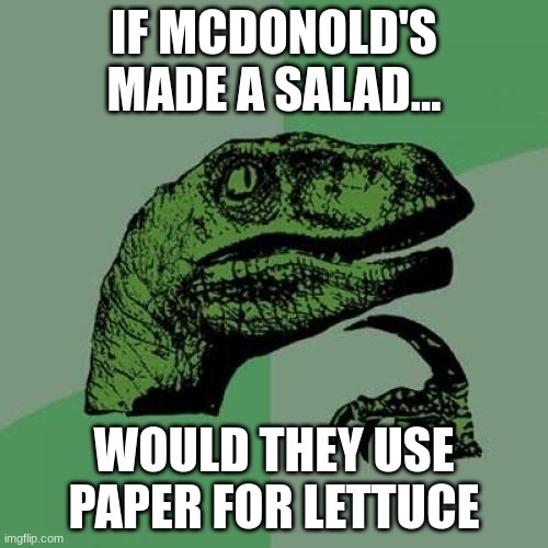 the reason mcdonald's has no salads | IF MCDONOLD'S MADE A SALAD... WOULD THEY USE PAPER FOR LETTUCE | image tagged in memes,philosoraptor,mcdonalds | made w/ Imgflip meme maker