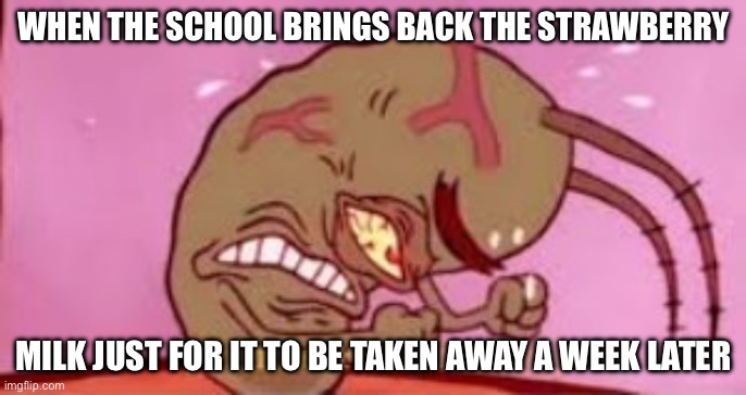 Fr i actually like strawberry milk pls don’t judge | WHEN THE SCHOOL BRINGS BACK THE STRAWBERRY; MILK JUST FOR IT TO BE TAKEN AWAY A WEEK LATER | image tagged in visible frustration,aaaaahhhhhh | made w/ Imgflip meme maker