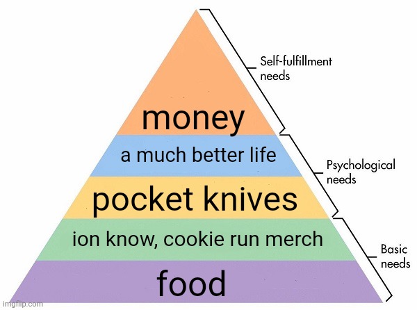 Maslow's Hierarchy of Needs | money; a much better life; pocket knives; ion know, cookie run merch; food | image tagged in maslow's hierarchy of needs | made w/ Imgflip meme maker