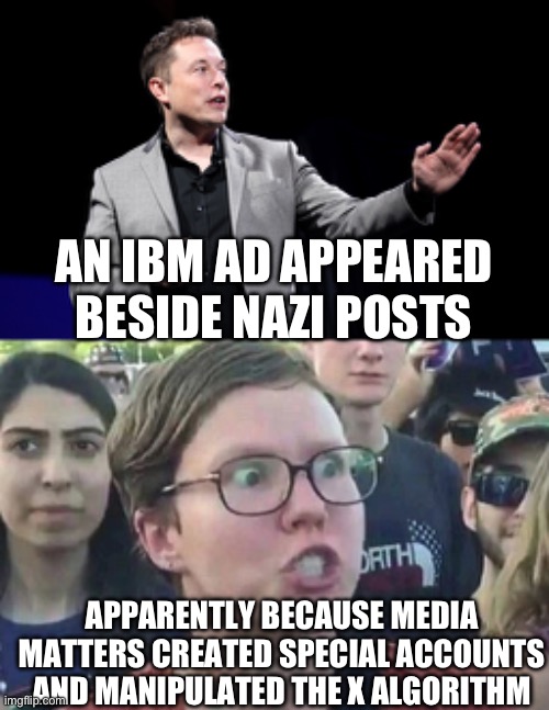 Should you be running IBM if you are this gullible? | AN IBM AD APPEARED BESIDE NAZI POSTS; APPARENTLY BECAUSE MEDIA MATTERS CREATED SPECIAL ACCOUNTS AND MANIPULATED THE X ALGORITHM | image tagged in elon musk presentation,triggered liberal,media lies,stupid liberals,election fraud,politics | made w/ Imgflip meme maker