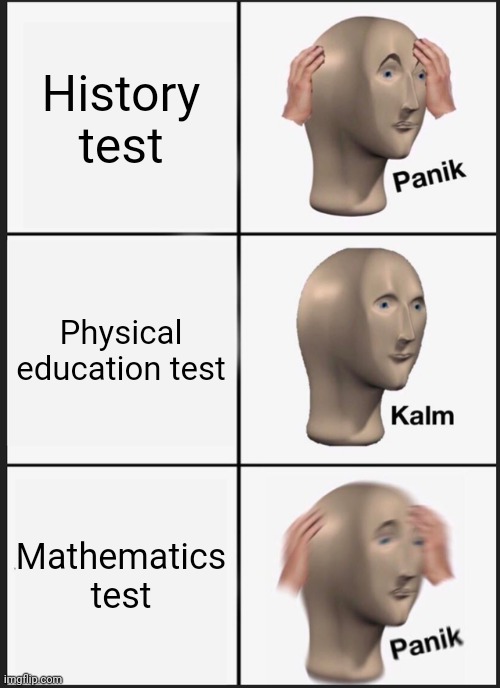 I like the school | History test; Physical education test; Mathematics test | image tagged in memes,panik kalm panik,school,funny meme | made w/ Imgflip meme maker