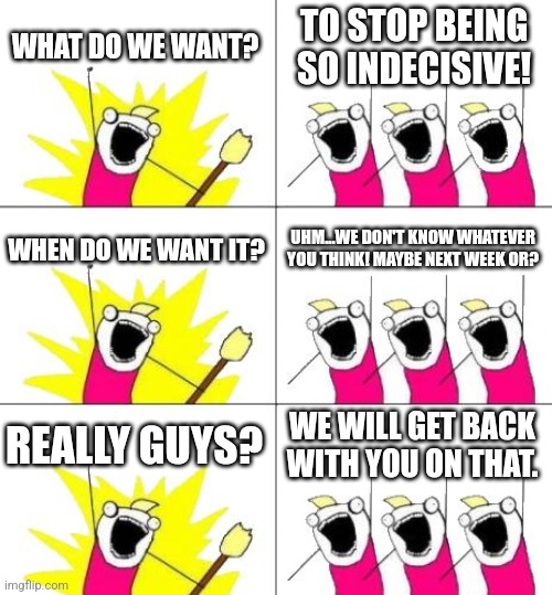 What Do We Want 3 Meme | WHAT DO WE WANT? TO STOP BEING SO INDECISIVE! WHEN DO WE WANT IT? UHM...WE DON'T KNOW WHATEVER YOU THINK! MAYBE NEXT WEEK OR? REALLY GUYS? WE WILL GET BACK WITH YOU ON THAT. | image tagged in memes,what do we want 3 | made w/ Imgflip meme maker