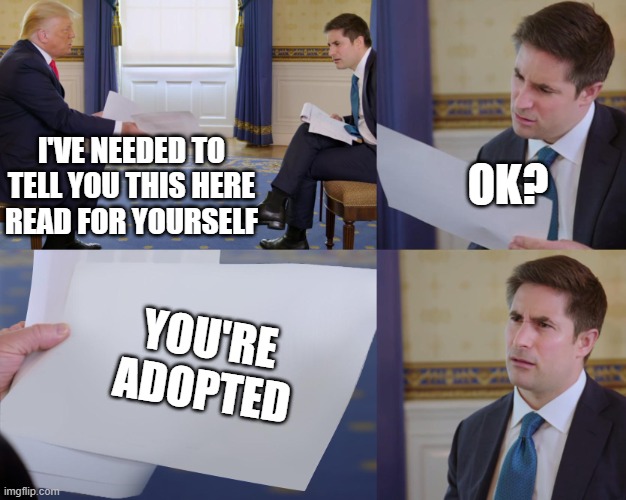 Trump interview | OK? I'VE NEEDED TO TELL YOU THIS HERE READ FOR YOURSELF; YOU'RE ADOPTED | image tagged in trump interview | made w/ Imgflip meme maker
