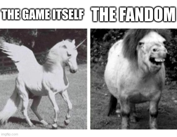 Genshin Impact, more like Gayshit In Fact | THE GAME ITSELF; THE FANDOM | image tagged in beautiful unicorn and ugly horse | made w/ Imgflip meme maker