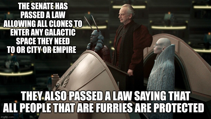 THE SENATE HAS PASSED A LAW ALLOWING ALL CLONES TO ENTER ANY GALACTIC SPACE THEY NEED TO OR CITY OR EMPIRE; THEY ALSO PASSED A LAW SAYING THAT ALL PEOPLE THAT ARE FURRIES ARE PROTECTED | made w/ Imgflip meme maker