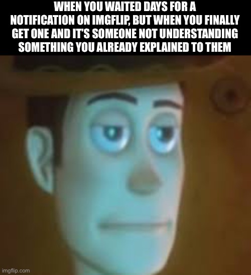 This happened today, not worth it:/ | WHEN YOU WAITED DAYS FOR A NOTIFICATION ON IMGFLIP, BUT WHEN YOU FINALLY GET ONE AND IT’S SOMEONE NOT UNDERSTANDING SOMETHING YOU ALREADY EXPLAINED TO THEM | image tagged in disappointed woody,gshad0w | made w/ Imgflip meme maker