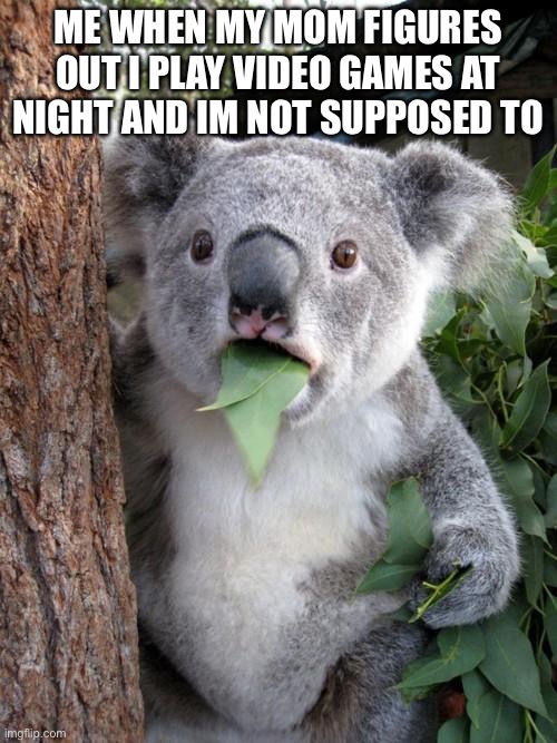 Oopsy | ME WHEN MY MOM FIGURES OUT I PLAY VIDEO GAMES AT NIGHT AND IM NOT SUPPOSED TO | image tagged in memes,surprised koala | made w/ Imgflip meme maker