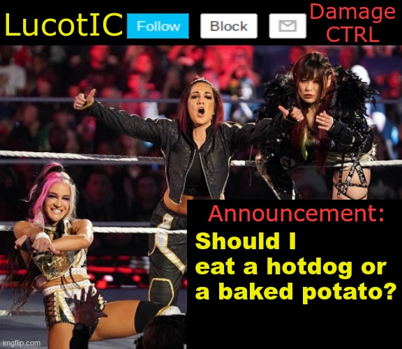 . | Should I eat a hotdog or a baked potato? | image tagged in lucotic's damage ctrl announcement temp | made w/ Imgflip meme maker