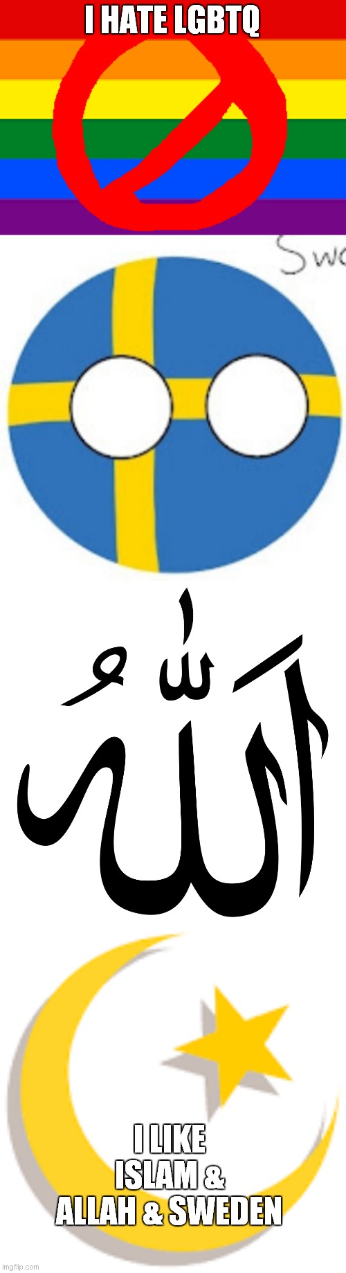 I HATE LGBTQ; I LIKE ISLAM & ALLAH & SWEDEN | image tagged in i hate lgbtq,sweden gaming is youtube,allah,islam | made w/ Imgflip meme maker