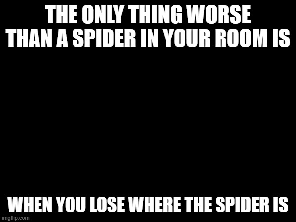 one of my biggest fears | THE ONLY THING WORSE THAN A SPIDER IN YOUR ROOM IS; WHEN YOU LOSE WHERE THE SPIDER IS | image tagged in spiders,memes | made w/ Imgflip meme maker