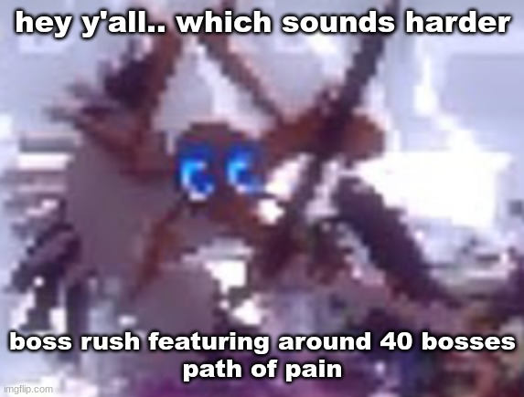 anarchy | hey y'all.. which sounds harder; boss rush featuring around 40 bosses
path of pain | image tagged in anarchy | made w/ Imgflip meme maker