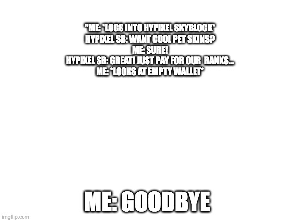 "ME: *LOGS INTO HYPIXEL SKYBLOCK*
HYPIXEL SB: WANT COOL PET SKINS?
ME: SURE!
HYPIXEL SB: GREAT! JUST PAY FOR OUR  RANKS...
ME: *LOOKS AT EMPTY WALLET*; ME: GOODBYE | made w/ Imgflip meme maker