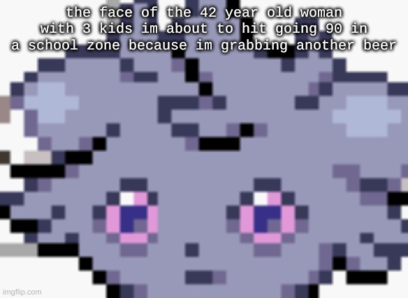 here comes the car do dooo | the face of the 42 year old woman with 3 kids im about to hit going 90 in a school zone because im grabbing another beer | image tagged in espurr dead inside | made w/ Imgflip meme maker