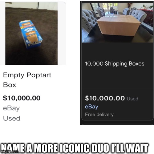 Name a more iconic duo I’ll wait | NAME A MORE ICONIC DUO I’LL WAIT | image tagged in memes,10000 dollar empty poptart box,10000 shipping boxes for 10000 dollars,name a more iconic duo i'll wait,fun | made w/ Imgflip meme maker