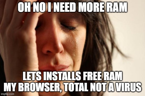 First World Problems | OH NO I NEED MORE RAM; LETS INSTALLS FREE RAM MY BROWSER, TOTAL NOT A VIRUS | image tagged in memes,first world problems,funny,virus,computer virus,ram | made w/ Imgflip meme maker