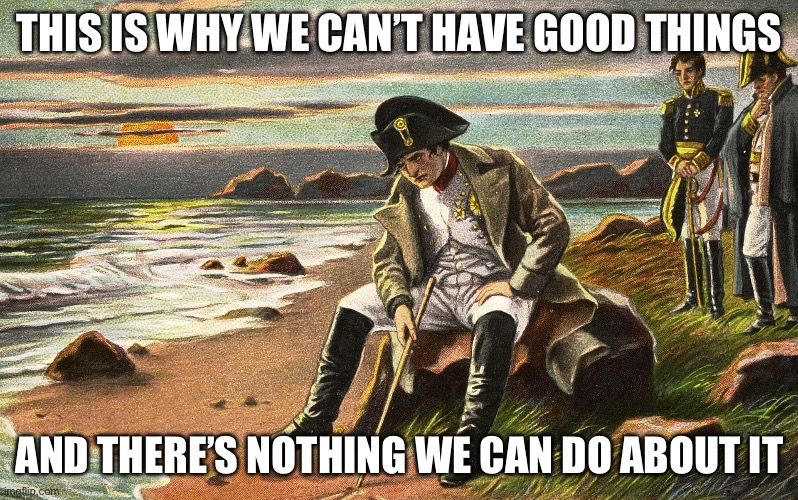 Napoleon | THIS IS WHY WE CAN’T HAVE GOOD THINGS AND THERE’S NOTHING WE CAN DO ABOUT IT | image tagged in napoleon | made w/ Imgflip meme maker