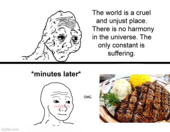 STEAK | image tagged in the only constant is suffering | made w/ Imgflip meme maker