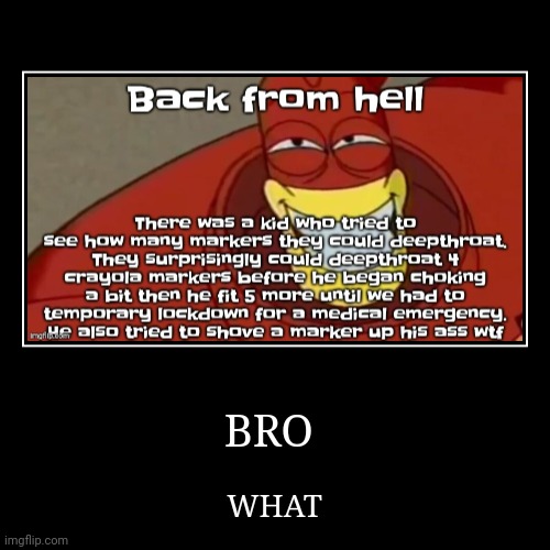 BRO | WHAT | image tagged in funny,demotivationals | made w/ Imgflip demotivational maker