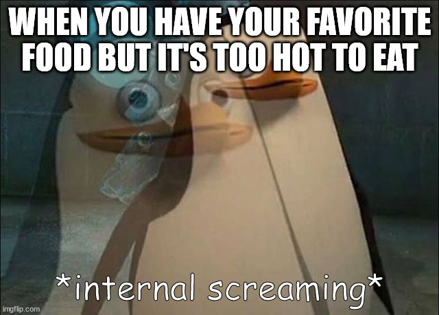 always hot | WHEN YOU HAVE YOUR FAVORITE FOOD BUT IT'S TOO HOT TO EAT | image tagged in private internal screaming,food,hot | made w/ Imgflip meme maker