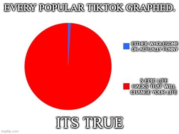 circle graph | EVERY POPULAR TIKTOK GRAPHED. EITHER WHOLESOME OR ACTUALLY FUNNY; 5 EPIC LIFE HACKS THAT WILL CHANGE YOUR LIFE; ITS TRUE | image tagged in circle graph | made w/ Imgflip meme maker