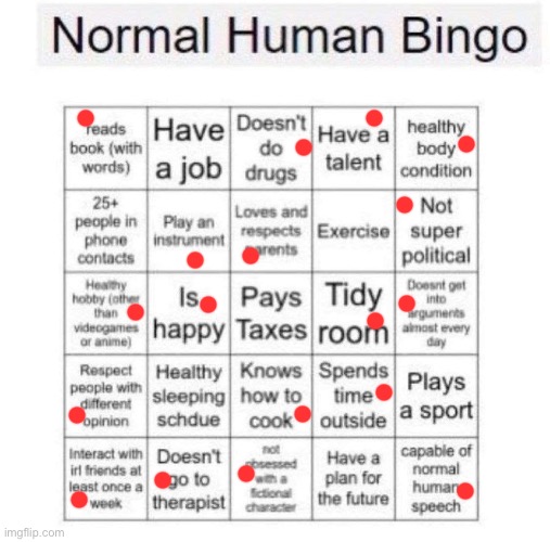Normal human bingo | image tagged in normal human bingo | made w/ Imgflip meme maker