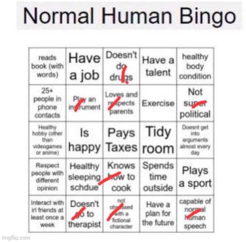 :/ | image tagged in normal human bingo | made w/ Imgflip meme maker