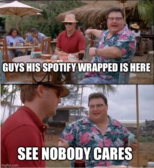 Spotify Wrapped | GUYS HIS SPOTIFY WRAPPED IS HERE; SEE NOBODY CARES | image tagged in memes,see nobody cares | made w/ Imgflip meme maker