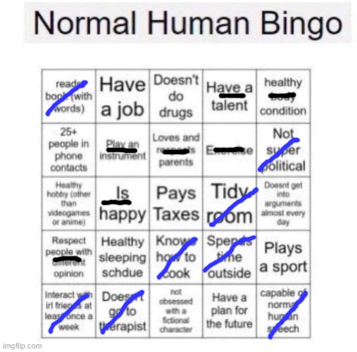 ngl probs should go to therapi | image tagged in normal human bingo | made w/ Imgflip meme maker