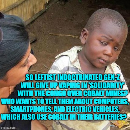 Yes . . . another round of self-righteous but meaningless leftist virtue-signaling. | SO LEFTIST INDOCTRINATED GEN-Z WILL GIVE UP VAPING IN 'SOLIDARITY' WITH THE CONGO OVER COBALT MINES? WHO WANTS TO TELL THEM ABOUT COMPUTERS, SMARTPHONES, AND ELECTRIC VEHICLES, WHICH ALSO USE COBALT IN THEIR BATTERIES? | image tagged in yep | made w/ Imgflip meme maker