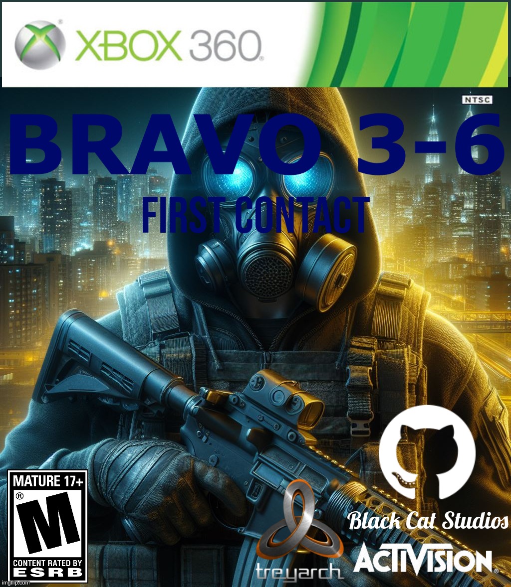 Bravo 3-6: First Contact | BRAVO 3-6; First Contact; Black Cat Studios | image tagged in timezone,cartoon,movie,idea,game,dlc cover | made w/ Imgflip meme maker