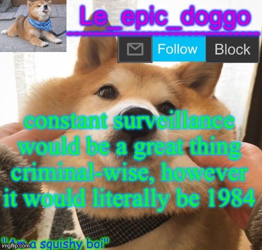 it's just a telescreen | constant surveillance would be a great thing criminal-wise, however it would literally be 1984 | image tagged in am a squishy boi temp | made w/ Imgflip meme maker