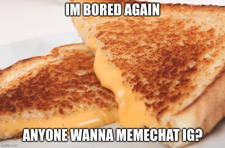 :| | IM BORED AGAIN; ANYONE WANNA MEMECHAT IG? | image tagged in grilled cheese | made w/ Imgflip meme maker