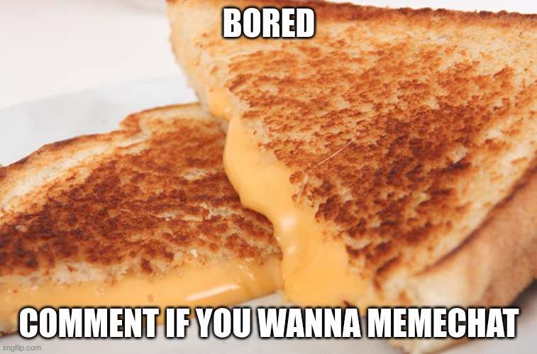 :| | BORED; COMMENT IF YOU WANNA MEMECHAT | image tagged in grilled cheese | made w/ Imgflip meme maker