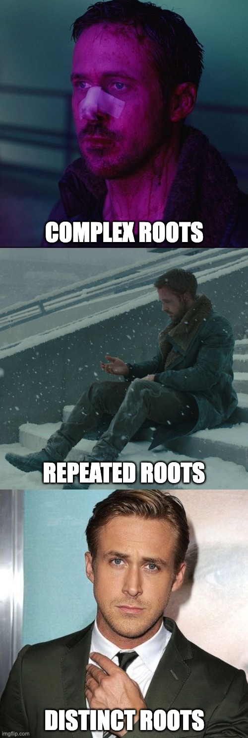 ma214 | COMPLEX ROOTS; REPEATED ROOTS; DISTINCT ROOTS | image tagged in ryan gosling | made w/ Imgflip meme maker