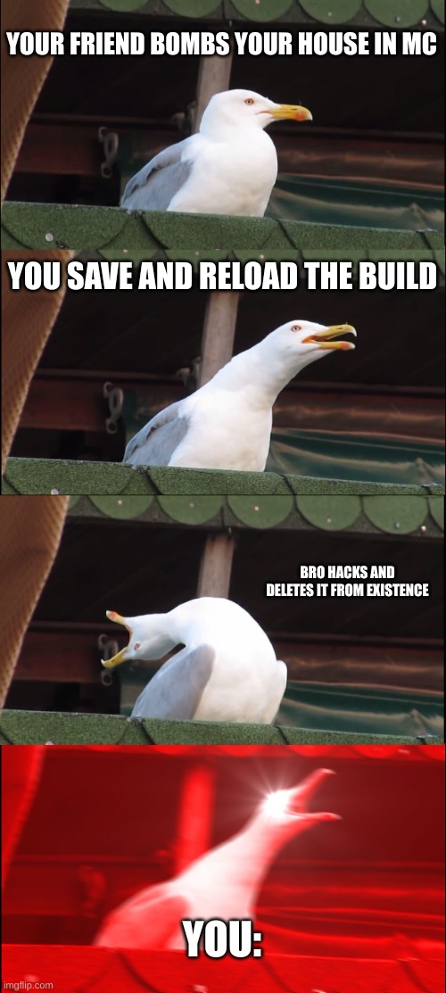 Inhaling Seagull | YOUR FRIEND BOMBS YOUR HOUSE IN MC; YOU SAVE AND RELOAD THE BUILD; BRO HACKS AND DELETES IT FROM EXISTENCE; YOU: | image tagged in memes,inhaling seagull | made w/ Imgflip meme maker