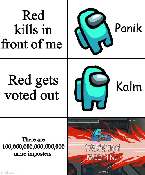 Panik Kalm Panik Among Us Version | Red kills in front of me; Red gets voted out; There are 100,000,000,000,000,000 more imposters | image tagged in panik kalm panik among us version | made w/ Imgflip meme maker