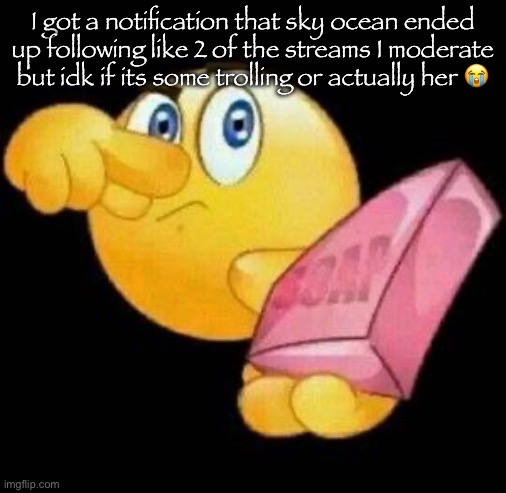someone* | I got a notification that sky ocean ended up following like 2 of the streams I moderate but idk if its some trolling or actually her 😭 | image tagged in take a damn shower | made w/ Imgflip meme maker