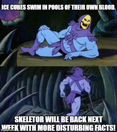 I have officially ruined ice water for you. You're welcome. | ICE CUBES SWIM IN POOLS OF THEIR OWN BLOOD. SKELETOR WILL BE BACK NEXT WEEK WITH MORE DISTURBING FACTS! | image tagged in skeletor disturbing facts | made w/ Imgflip meme maker