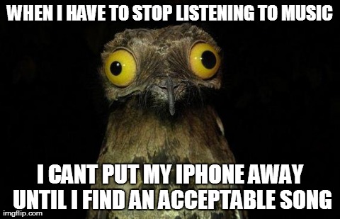 Weird Stuff I Do Potoo | WHEN I HAVE TO STOP LISTENING TO MUSIC I CANT PUT MY IPHONE AWAY UNTIL I FIND AN ACCEPTABLE SONG | image tagged in memes,weird stuff i do potoo | made w/ Imgflip meme maker