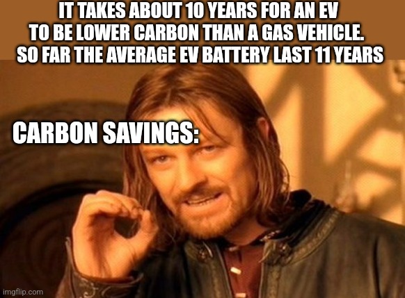 One Does Not Simply | IT TAKES ABOUT 10 YEARS FOR AN EV TO BE LOWER CARBON THAN A GAS VEHICLE. 
 SO FAR THE AVERAGE EV BATTERY LAST 11 YEARS; CARBON SAVINGS: | image tagged in memes,one does not simply | made w/ Imgflip meme maker