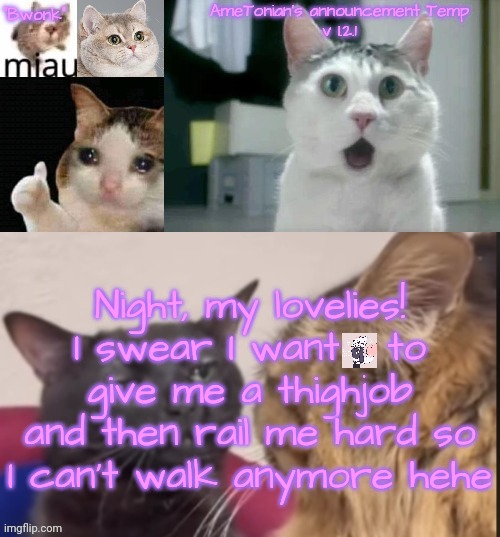 AmeTonian's announcement Temp v 1.2.1 | Night, my lovelies!
I swear I want   to give me a thighjob and then rail me hard so I can't walk anymore hehe | image tagged in ametonian's announcement temp v 1 2 1 | made w/ Imgflip meme maker