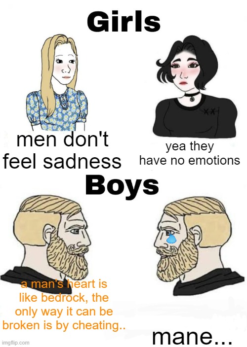 minecraft taught us stuff... | men don't feel sadness; yea they have no emotions; a man's heart is like bedrock, the only way it can be broken is by cheating.. mane... | image tagged in boys v girls | made w/ Imgflip meme maker