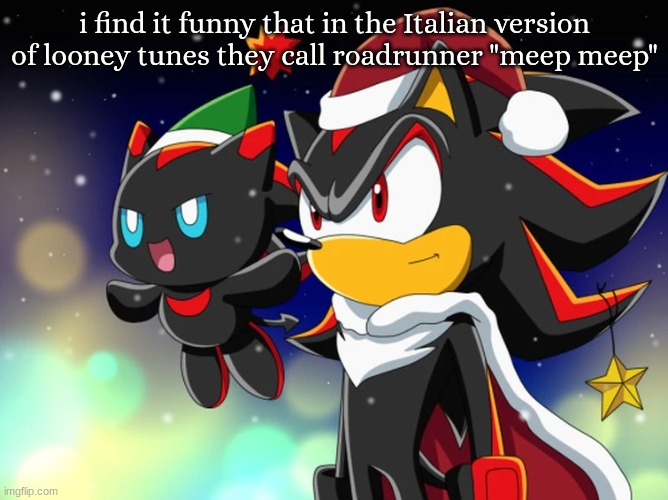 shadow and chao in christmas | i find it funny that in the Italian version of looney tunes they call roadrunner "meep meep" | image tagged in shadow and chao in christmas | made w/ Imgflip meme maker