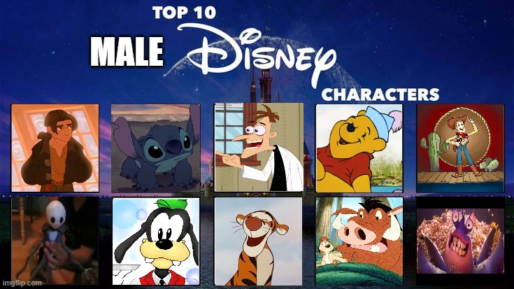 top 10 male disney characters | MALE | image tagged in top 10 disney characters,walt disney,winnie the pooh,jack skellington,lion king,animation | made w/ Imgflip meme maker