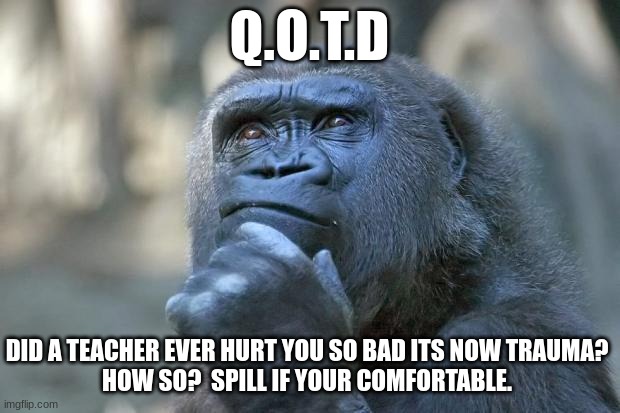 Ima start doing QOTD see where it takes me :) I know my teacher hurt me | Q.O.T.D; DID A TEACHER EVER HURT YOU SO BAD ITS NOW TRAUMA?
HOW SO?  SPILL IF YOUR COMFORTABLE. | image tagged in that is the question | made w/ Imgflip meme maker