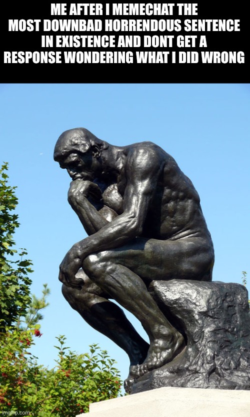 The Thinker | ME AFTER I MEMECHAT THE MOST DOWNBAD HORRENDOUS SENTENCE IN EXISTENCE AND DONT GET A RESPONSE WONDERING WHAT I DID WRONG | image tagged in the thinker | made w/ Imgflip meme maker