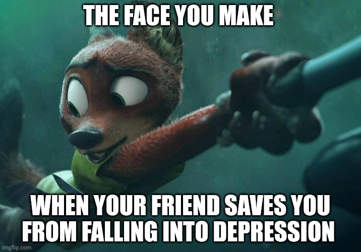 Moody Fox | THE FACE YOU MAKE; WHEN YOUR FRIEND SAVES YOU FROM FALLING INTO DEPRESSION | image tagged in nick wilde holding on,zootopia,nick wilde,judy hopps,the face you make when,depression | made w/ Imgflip meme maker