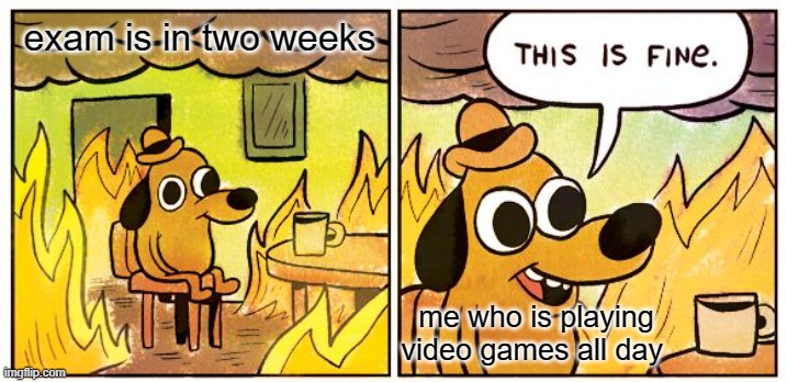 this is so fine | exam is in two weeks; me who is playing video games all day | image tagged in memes,this is fine,exam | made w/ Imgflip meme maker