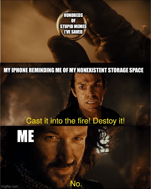 cast it into the fire | HUNDREDS OF STUPID MEMES I’VE SAVED; MY IPHONE REMINDING ME OF MY NONEXISTENT STORAGE SPACE; ME | image tagged in cast it into the fire | made w/ Imgflip meme maker
