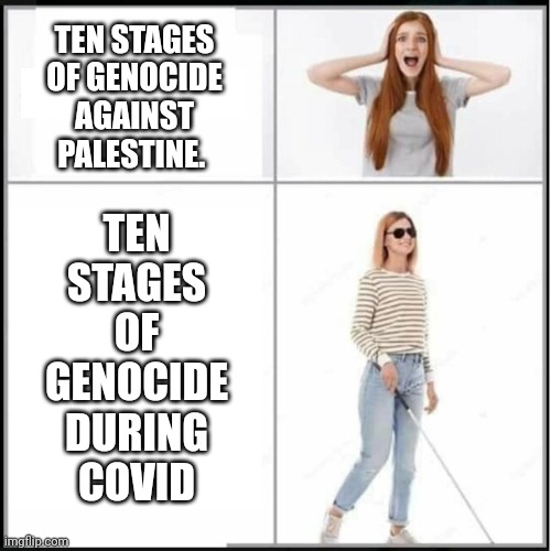 Now they see | TEN STAGES OF GENOCIDE AGAINST PALESTINE. TEN STAGES OF GENOCIDE DURING COVID | image tagged in blind girl | made w/ Imgflip meme maker